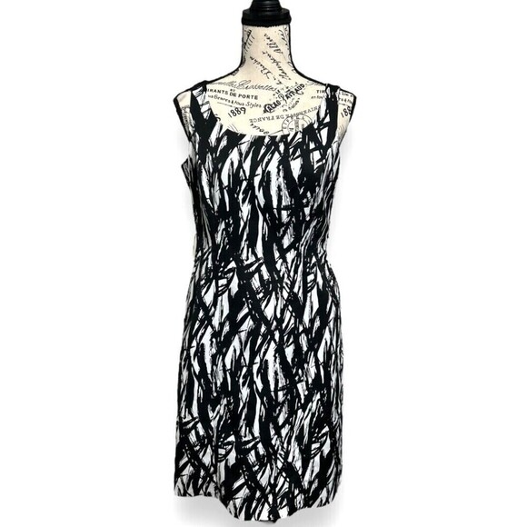 Tahari Women's Petite 4P Black White Abstract Sleeveless Midi Dress Work Artsy - Picture 2 of 10